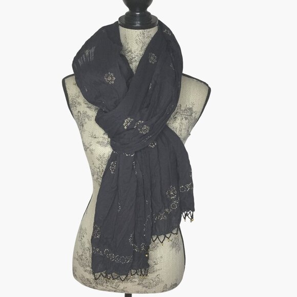 Black Gold Embroidered Boho Shawl Wrap Scarf Beaded Tassel Edge Oversized Gift - Picture 3 of 4